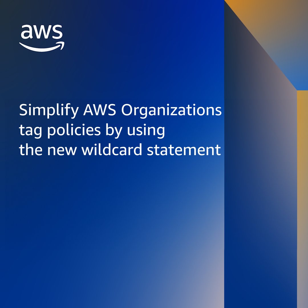 AWSIdentity's tweet image. #AWSOrganizations tag policies support a new wildcard statement! Streamline your tagging strategy with simpler tag policies. go.aws/4ooVhr5