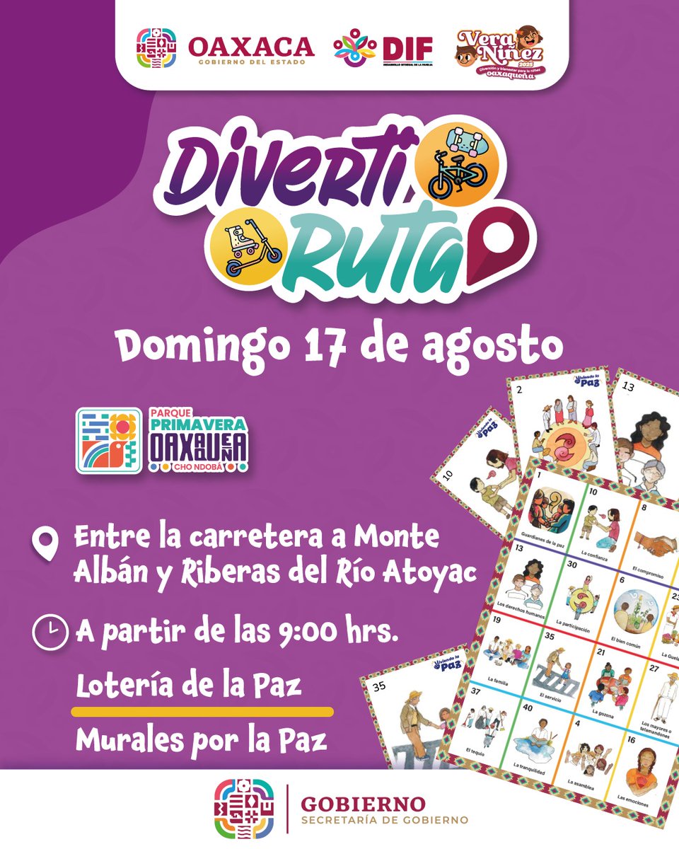Te invitamos a la #DivertiRuta.
¡Te esperamos!

📍Entre la carretera a Monte Albán y Riberas del Río Atoyac

📅 Domingo 17 de agosto

⏰A partir de las 9:00 horas