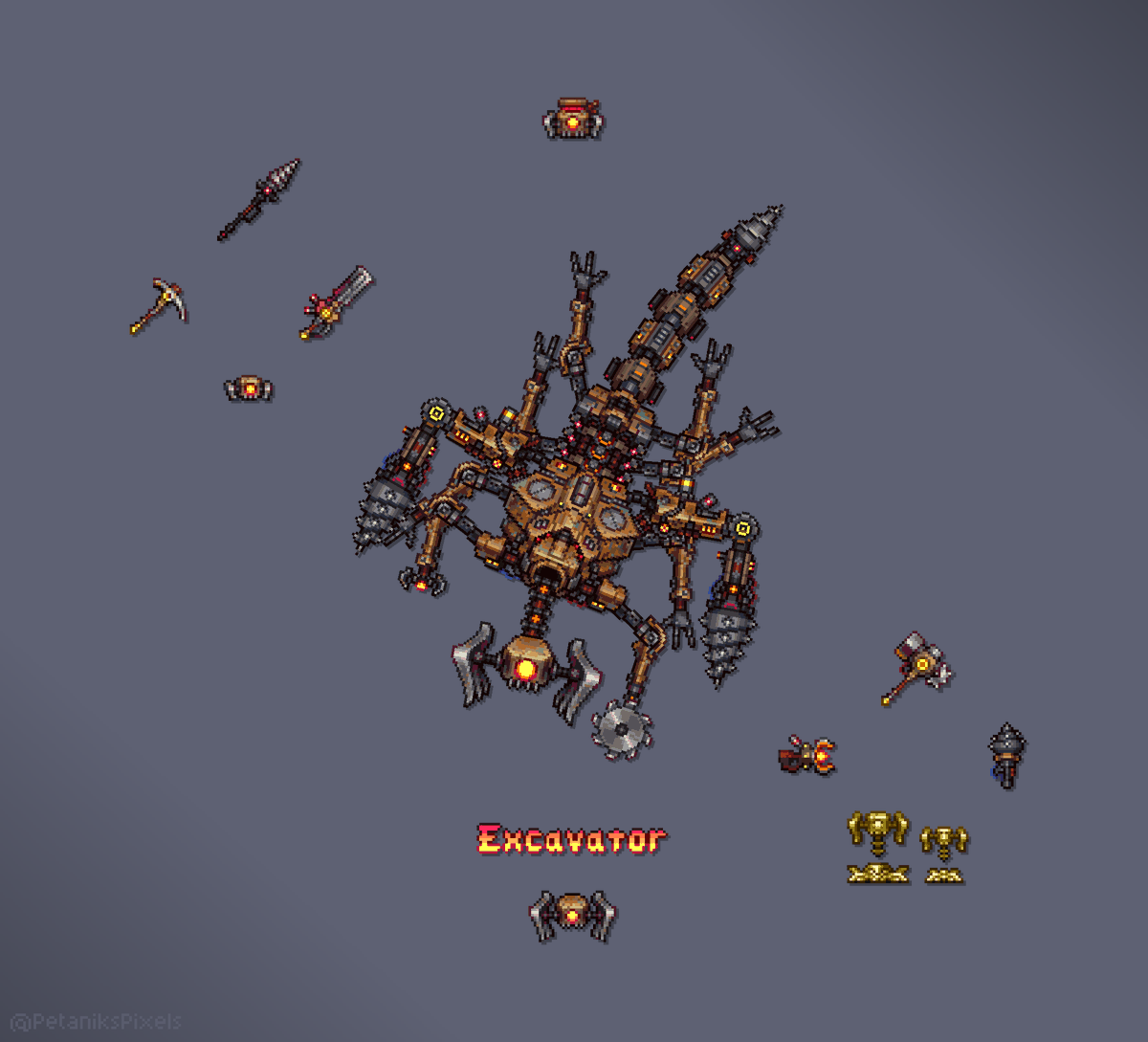 Excavator boss I made for the recent big Secrets Of The Shadows mod update
#pixelart #terraria