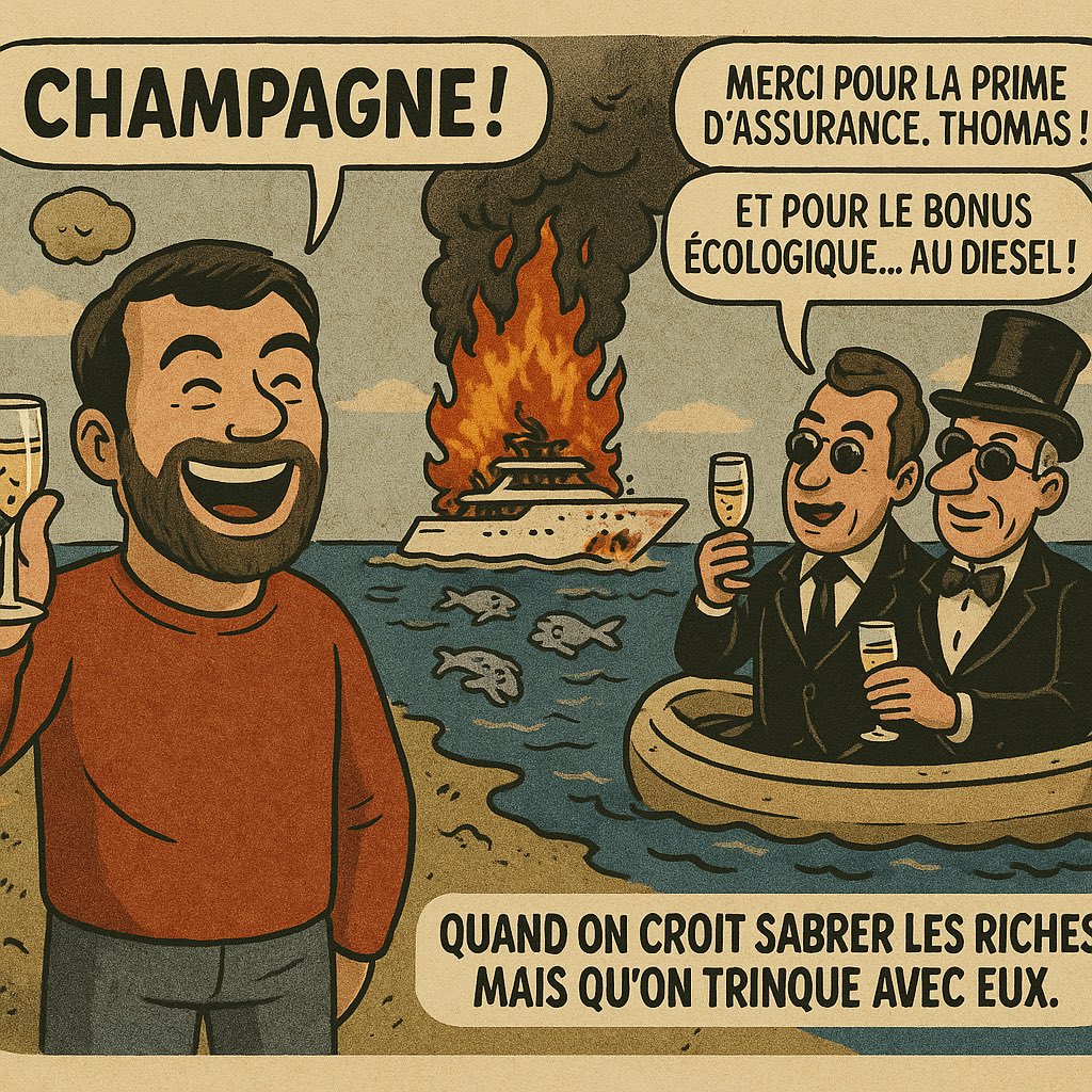 <a href="/Portes_Thomas/">Thomas Portes</a> Champagne pour Thomas Portes : un yacht brûle, la mer se pollue, les milliardaires encaissent l’assurance, et lui, payé 7 600€/mois par nos impôts, se croit du côté des pauvres.
