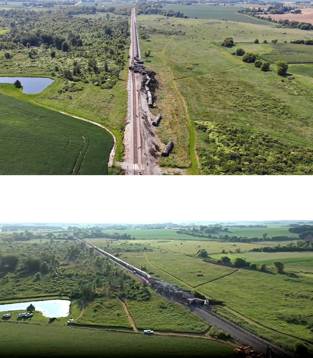 Train carrying crude oil derailed outside Reeseville Friday in the exact spot where a train carrying grain and potash derailed on July 4, 2023.  Today's crash (photo credit: Dodge County Sheriff) is at top; 2023 crash (photo credit: Phil Brinkman, Wisconsin State Journal) below.