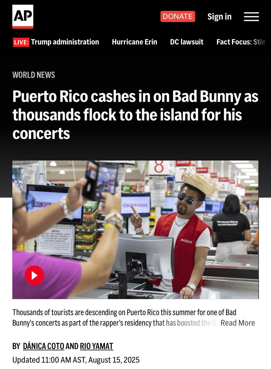 Lean, mi gente 📖🇵🇷 Más de $200 MILLONES ha representado la residencia de Bad Bunny para Puerto Rico, según la Prensa Asociada. Hoteles boricuas llenos, productos locales vendidos como nunca, comunidades y proyectos comunitarios recibiendo un impulso histórico. El efecto