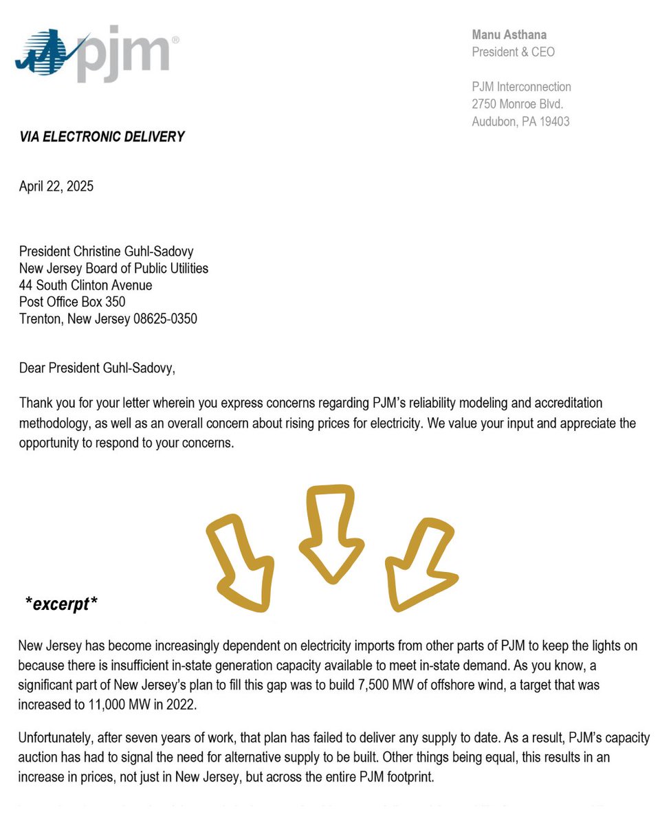 💡 For months, PJM, the regional grid operator, has made it clear: Democrats’ radical energy policies and failed, costly gamble on offshore wind are driving the skyrocketing energy prices hitting every New Jersey family and business.

🔗 Read PJM's letter:
pjm.com/-/media/DotCom…