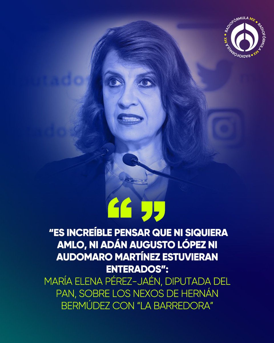 Grupo Fórmula (@radio_formula) on Twitter photo 🚨💥 “Es increíble pensarlo”. La diputada del PAN María Elena Pérez-Jaén (<a href="/MElenaPerezJaen/">Ma Elena Pérez-Jaén Zermeño🇲🇽</a>) cuestionó que AMLO, Adán Augusto López y Audomaro Martínez no estuvieran enterados de los presuntos nexos de Hernán Bermúdez con “La Barredora”.
📌 La legisladora pidió al senador Adán 🚨💥 “Es increíble pensarlo”. La diputada del PAN María Elena Pérez-Jaén (<a href="/MElenaPerezJaen/">Ma Elena Pérez-Jaén Zermeño🇲🇽</a>) cuestionó que AMLO, Adán Augusto López y Audomaro Martínez no estuvieran enterados de los presuntos nexos de Hernán Bermúdez con “La Barredora”.
📌 La legisladora pidió al senador Adán