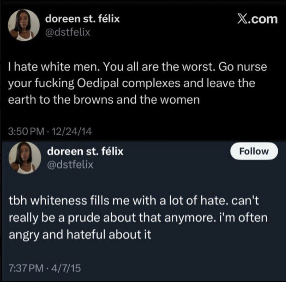 Slip Mahoney (@slip2darkness) on Twitter photo <a href="/NewYorker/">The New Yorker</a> The New Yorker employs racists like Doreen St. Felix and gives them a platform to spread their hatred. Despicable. <a href="/NewYorker/">The New Yorker</a> The New Yorker employs racists like Doreen St. Felix and gives them a platform to spread their hatred. Despicable.