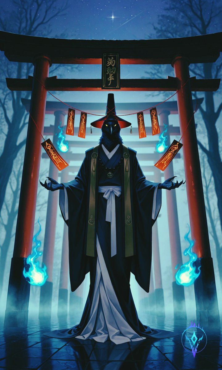 RadiantRunt's tweet photo. A shadow in feathered robes, weaving spells between worlds — the crow onmyoji walks where the living fear to tread. 🪶⚫ #AIArt #Pixaiart  #CrowOnmyoji #SpiritWeaver https://t.co/rNTcq0acUQ