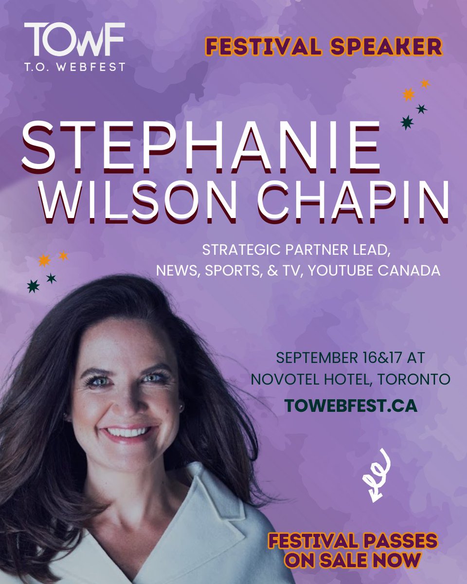 webseriescanada's tweet image. We’re thrilled to welcome Stephanie Wilson Chapin, Strategic Partner Lead at YouTube Canada, to #TOWebFest! 🥐 Catch her at our Breakfast With… session, sponsored by the CMPA, Sept 17 at 9AM. 🎟 Passes: towebfest.ca