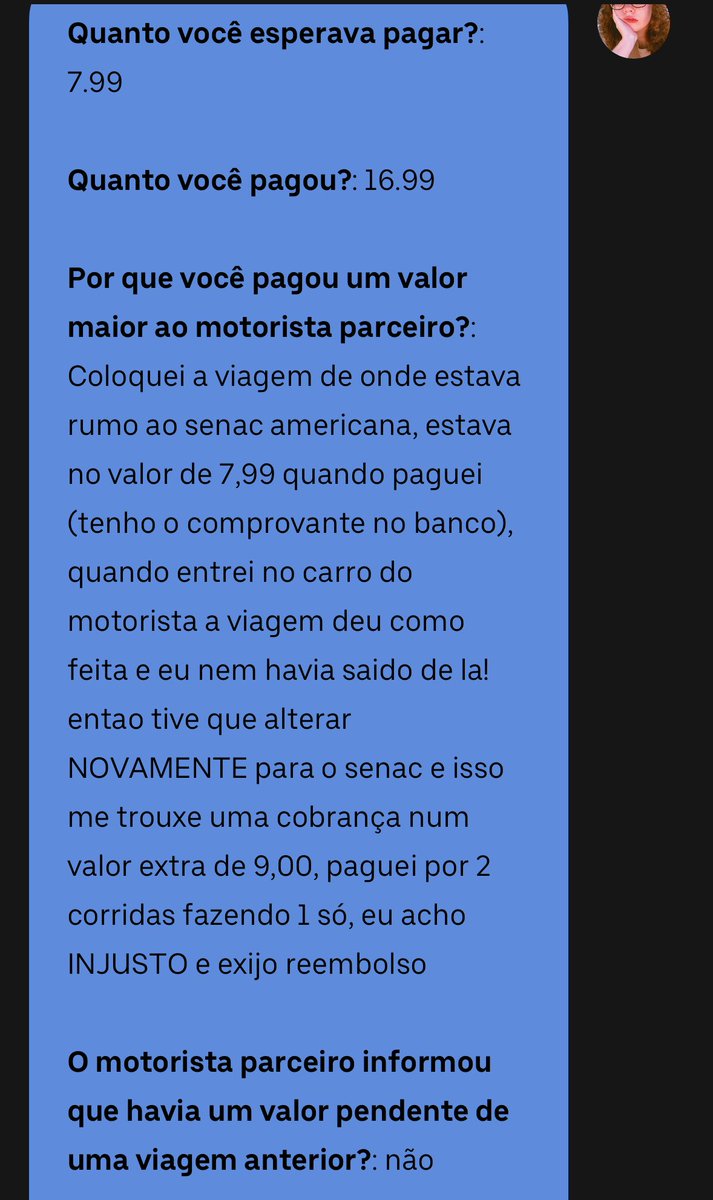 Gi ♥︎ (@ggcairws) on Twitter photo tive que pedir reembolso 2 vezes, nem sequer olharam meu print do extrato comprovando os 2 pagamentos e ja mandaram essa mensagem dizendo que nao me mandariam reembolso, enfim roubada pelo app da uber
<a href="/Uber_Brasil/">Uber Brasil</a> tive que pedir reembolso 2 vezes, nem sequer olharam meu print do extrato comprovando os 2 pagamentos e ja mandaram essa mensagem dizendo que nao me mandariam reembolso, enfim roubada pelo app da uber
<a href="/Uber_Brasil/">Uber Brasil</a>
