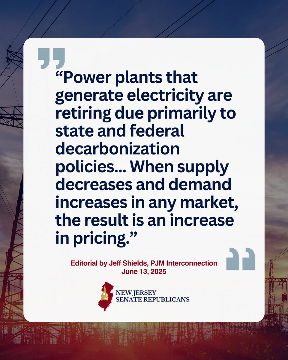 ⚡ NJ Democrats just gave themselves more power to “investigate” the grid — but PJM, the regional operator, already told us the truth: our soaring electric bills are driven by their costly decarbonization policies.

Less supply = higher prices. It’s that simple. 💸