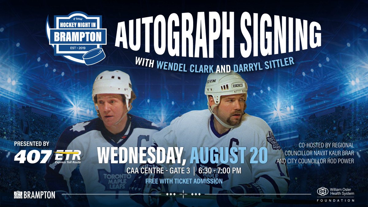 Meet some of hockey’s biggest legends before the puck drops at Mayor @PatrickBrownOnt’s #HockeyNightBrampton.

Fans with a game ticket can enjoy free autograph signings at the @CAACentre on August 20. Meet Owen Nolan, Curtis Joseph and Jeremy Roenick at 6 pm, followed by Darryl