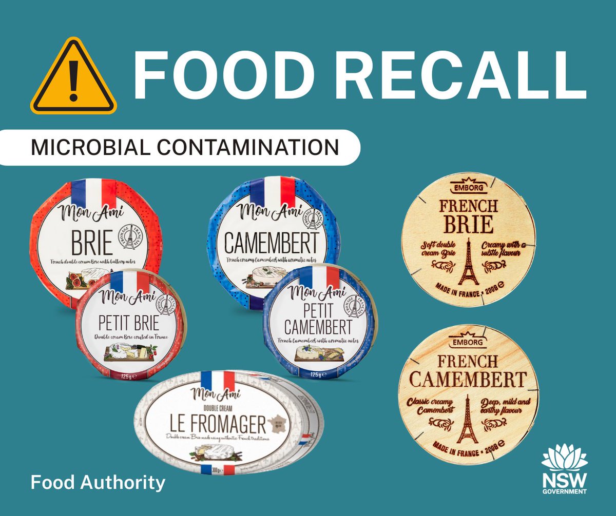 #Recall: Mon Ami and Emborg soft cheeses 125g, 200g, 300g are being recalled due to potential microbial (Listeria monocytogenes) contamination. Various dates. Sold in Woolworths, Coles, IGA and other independent grocery stores nationally and online. See: foodauthority.nsw.gov.au/news/recalls/m…