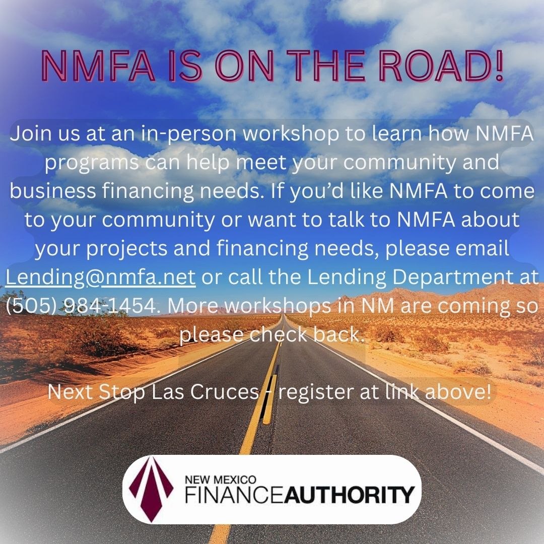 nmfinanceauth's tweet image. NMFA 🎶On the Road Again🎶
Next Stop Las Cruces, NM! Tuesday, August 19
City Hall, Council Chambers Room; 700 N. Main Street.
Public Lending Programs: 9 am - 11 am
Private Lending Programs: 11 am - noon 
…wmexicofinanceauthority.formstack.com/forms/lascruce…
#nmfa #newmexicofinanceauthority @followers