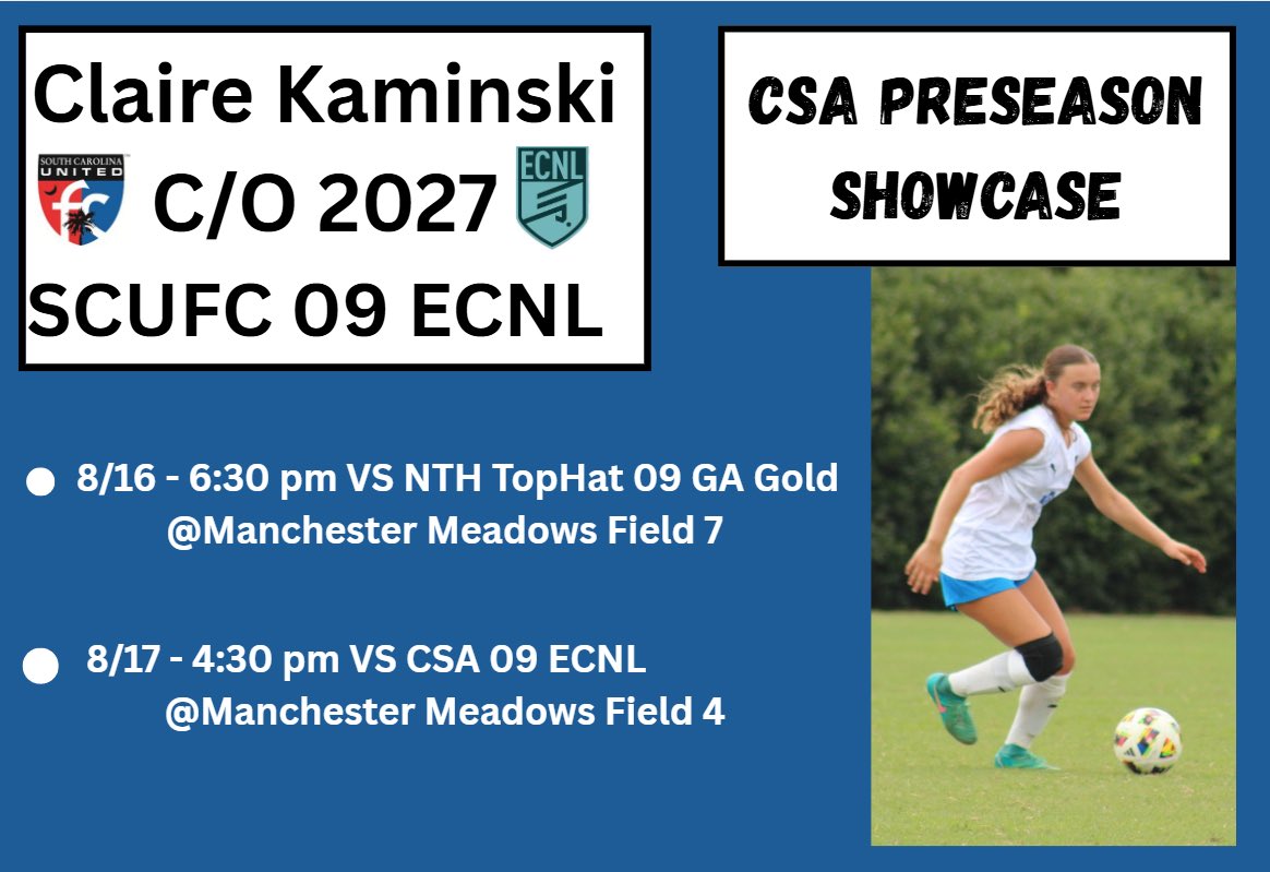 So excited to get back out on the field with my team this weekend! Check out my schedule for the CSA Preseason Showcase⬇️ <a href="/SCUnited_FC/">SC United FC</a> <a href="/TannerOsborne27/">Tanner Osborne</a> <a href="/tikitakaklu/">Tomasz Kluszczynski 🇵🇱/🇺🇸</a> <a href="/ECNLgirls/">ECNL Girls</a> <a href="/ECNLSoutheast/">ECNL Southeast Girls</a> <a href="/ImCollegeSoccer/">College Soccer Truth ™</a> <a href="/ImYouthSoccer/">ECNL/GA/Recruiting/College Soccer</a>