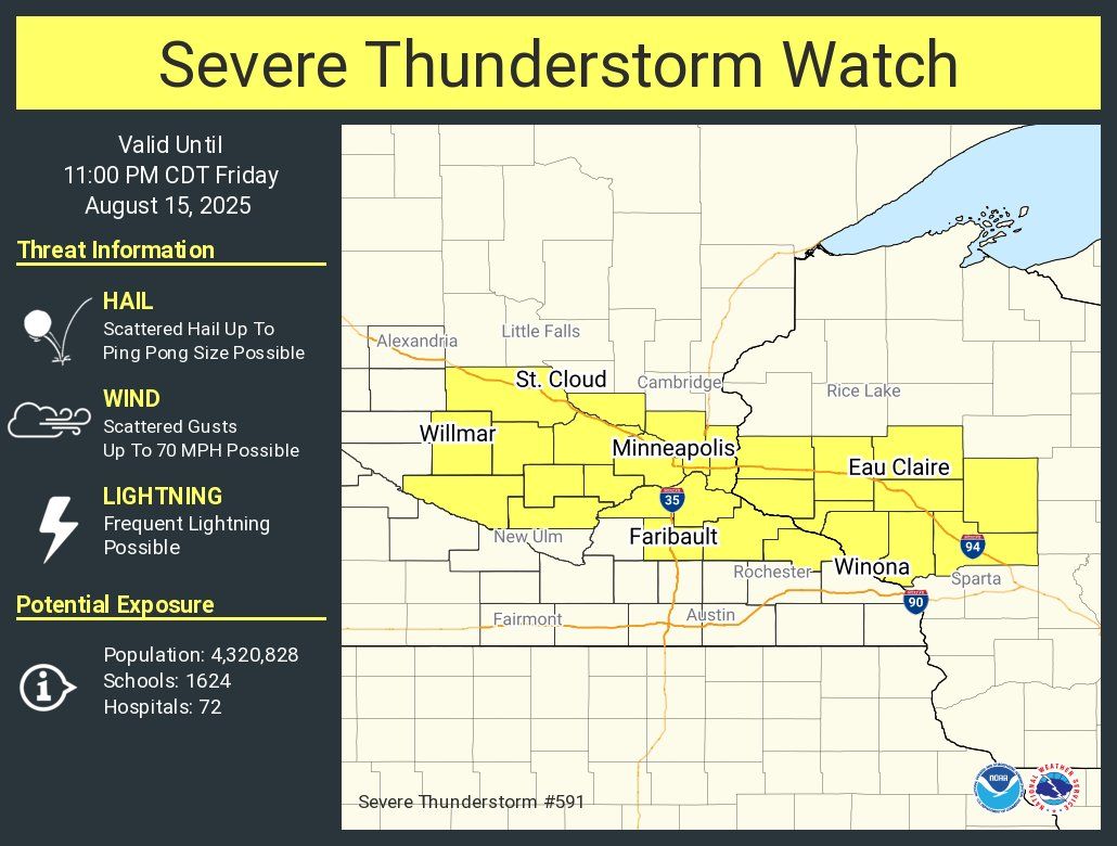 WEATHER ALERT: A Severe Thunderstorm Watch has been issued for McLeod County until 11 PM (8/15/2025).