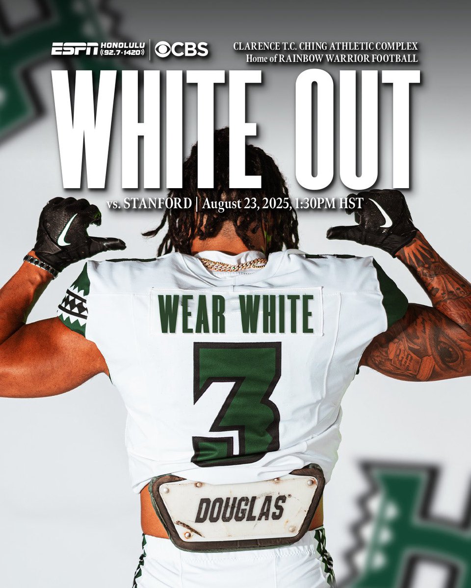 HawaiiFootball's tweet photo. Next Saturday. WEAR WHITE. ⚪️

#BRADDAHHOOD x #GoBows https://t.co/BpiU3wPrmm