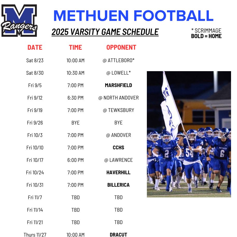 Methuen High School Football (@duganmethuen) on Twitter photo 2025 Varsity Football Game Schedule 🔥 2025 Varsity Football Game Schedule 🔥