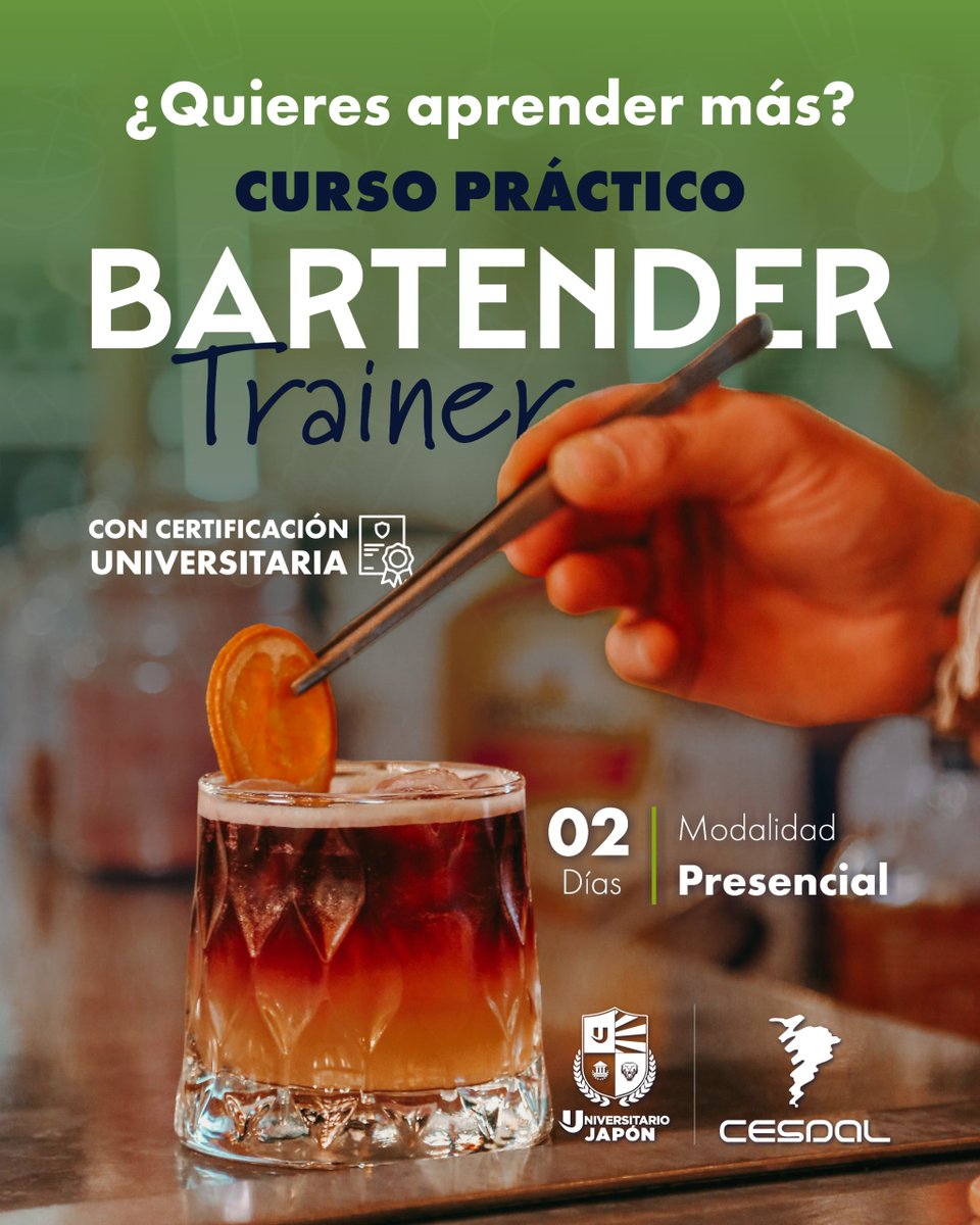 🍹 Aprende a preparar los clásicos que nunca pasan de moda 🍸
Margarita, Mojito, Old Fashioned, Cosmopolitan, Caipirinha, Martini, Daiquiri, Negroni y Piña Colada… ¡y muchos más!
📞 099 999 9999 | 🌐 cesdal.edu.ec
#BartenderTrainer #Coctelería #CESDAL #AprendeConCESDAL