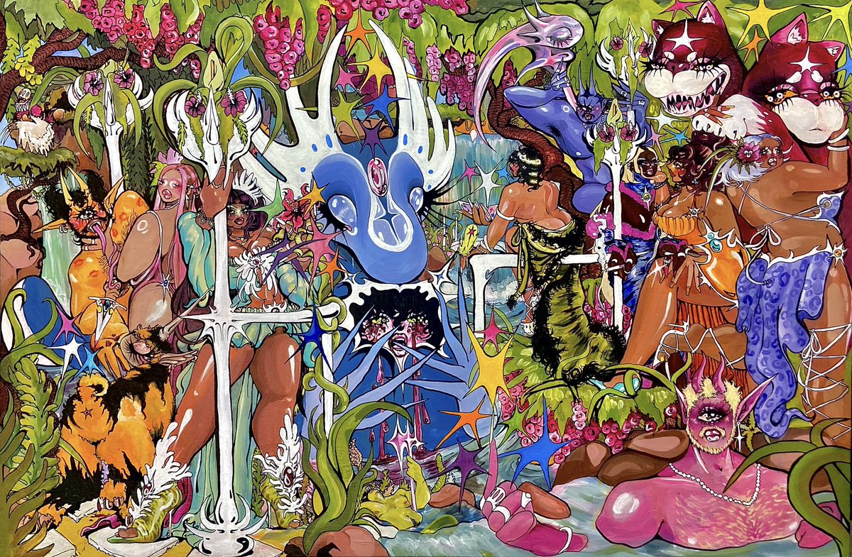 “Daughters of Succulence Tending Reflection’s Grotto, Sanctuary Born of Blood Spilt before This Time, Our Worldly Plight Garners Serenity for the Uninitiated.”

36”x24” 
acrylic on canvas