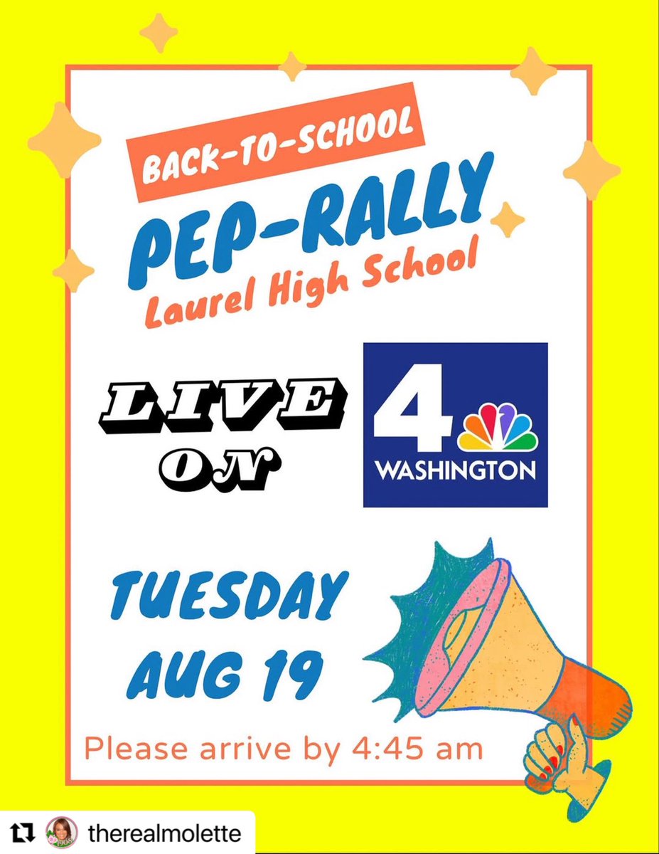 Calling all 📣 cheerleaders,🥁drum line, athletes and student leaders! 🏈Let’s #getready4school on 8.19! Join our #News4 #peprally LIVE starting at 5AM. If you’re a current member of the Laurel High School community, come out and show your school 🙌🏽🙌🏻🙌🏽spirit. <a href="/nbcwashington/">NBC4 Washington</a>