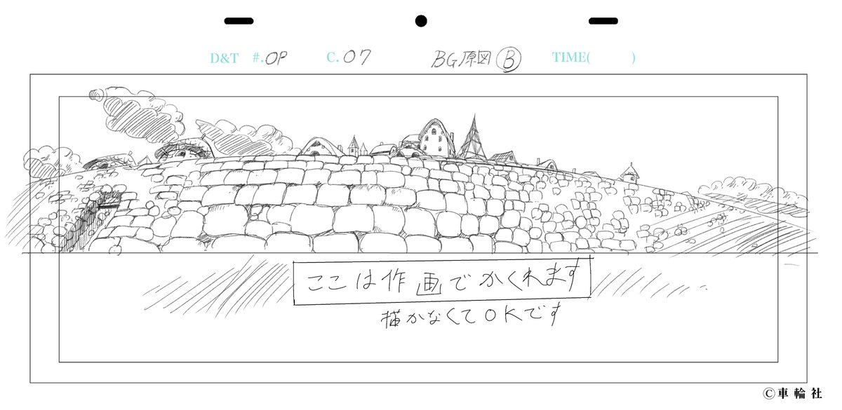 原図はこちらで描いてうったまーさんに素晴らしい背景を起してもらいました カット3とカット5は単なるフェアリングではなくちょっと修正するような動きをするので目盛りPANにしてあります 撮影台の抑えガラスの端を目印にして、電子メーターも見ながらずらしていくわけです