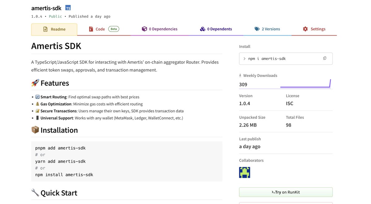 AmertisExchange's tweet photo. Integrating Amertis just got easier!

We are more than excited to announce the release of our SDK — your toolkit for interacting seamlessly with our on-chain aggregator Router.

One of our strongest standpoints has been about providing the finest settlements for every token associated with the @monad ecosystem, regardless of routing complexity, without sacrificing decentralization. For over a year, we have worked hard to deliver a single-gateway, fully on-chain aggregator system that makes this possible. 
 
Just as with every other system, interoperability is key. For Amertis, the right integration matters most. Within the past few days, we’ve been constantly faced with the “Wen API” question, and we’ve decided to come up with the most suitable response: amertis-sdk.

This toolkit provides a simple way to integrate our on-chain liquidity network into your project, whether through a frontend or backend. The heavy lifting has already been done, and you get access to three straightforward functions for:

- Querying the best quote price between two tokens.
- Querying the best output amount for a given input amount.
- Building an unsigned swap transaction for our router.

The unsigned transaction data can then be submitted to the network through your preferred method, keeping the toolkit completely risk-free.

✅ To get started: https://t.co/lotZ7ahKJd

💬 Join our Discord for updates: https://t.co/8P3DZYFnId

What’s next?
- Engaging developers in the @monad_dev Discord to gather feedback, improvements, and spot bottlenecks (if any).
-  In the coming updates, introduce multiple price queries optimized by multicalls with paginations, and other features deemed necessary.
- Providing hands-on support to developers building on top of our liquidity network as a foundational layer.