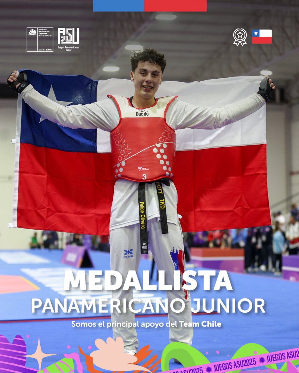 ORO, ORO, ORO 💪🥇🇨🇱 Felipe Olivero 🥋 logró el título del taekwondo de la categoría -68 kilos en los Panamericanos Junior de Asunción 🇵🇾  El chileno había logrado la plata en la edición 2021 en Cali, Colombia 🇨🇴 ¡Graaaande, Felipe!