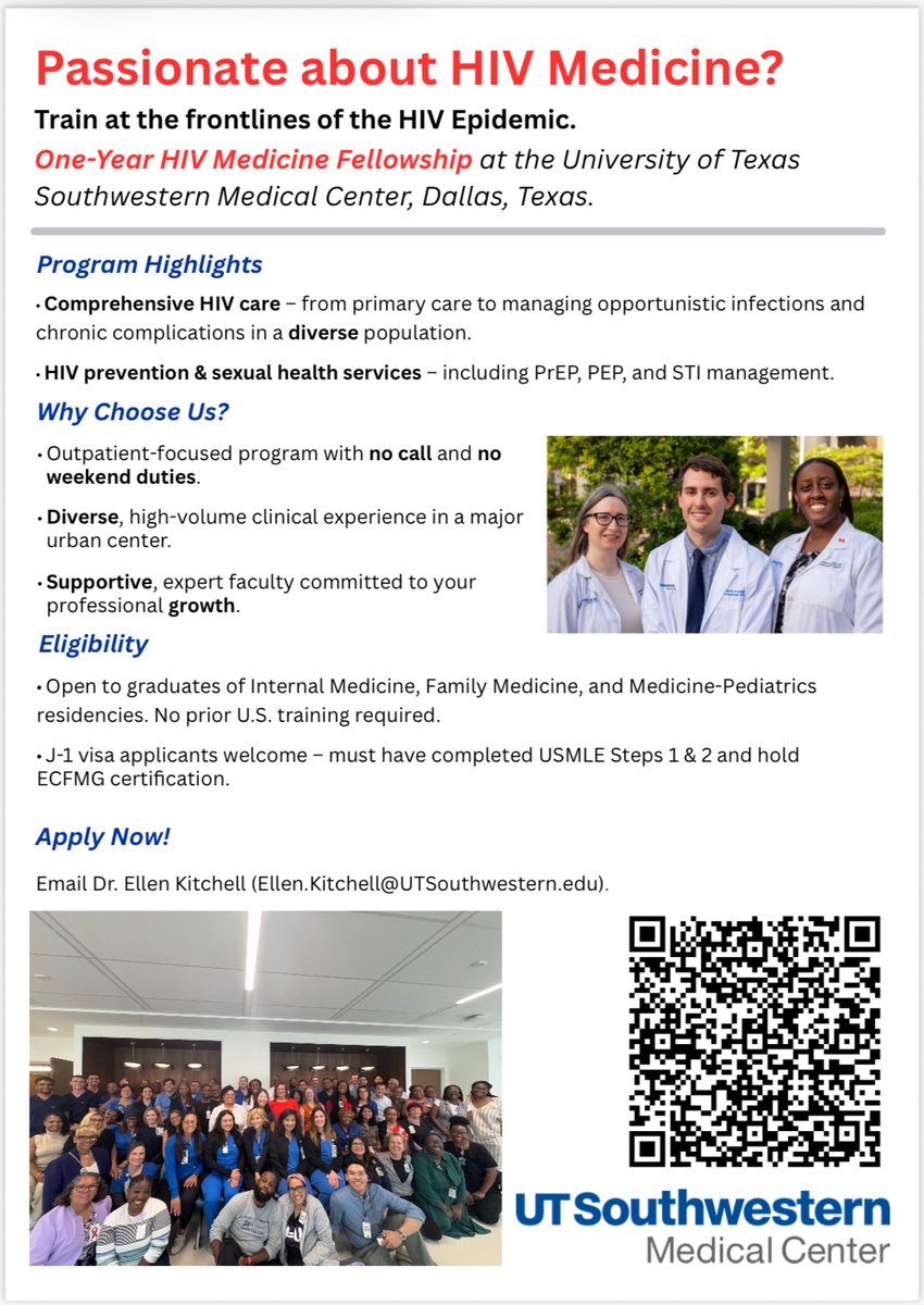 Hear ye, hear ye 📢📢
UT Southwestern is looking for interested candidates for our 1-year HIV Medicine Fellowship!! Apply now!!!
See image for details! #HIVTwitter #IDTwitter