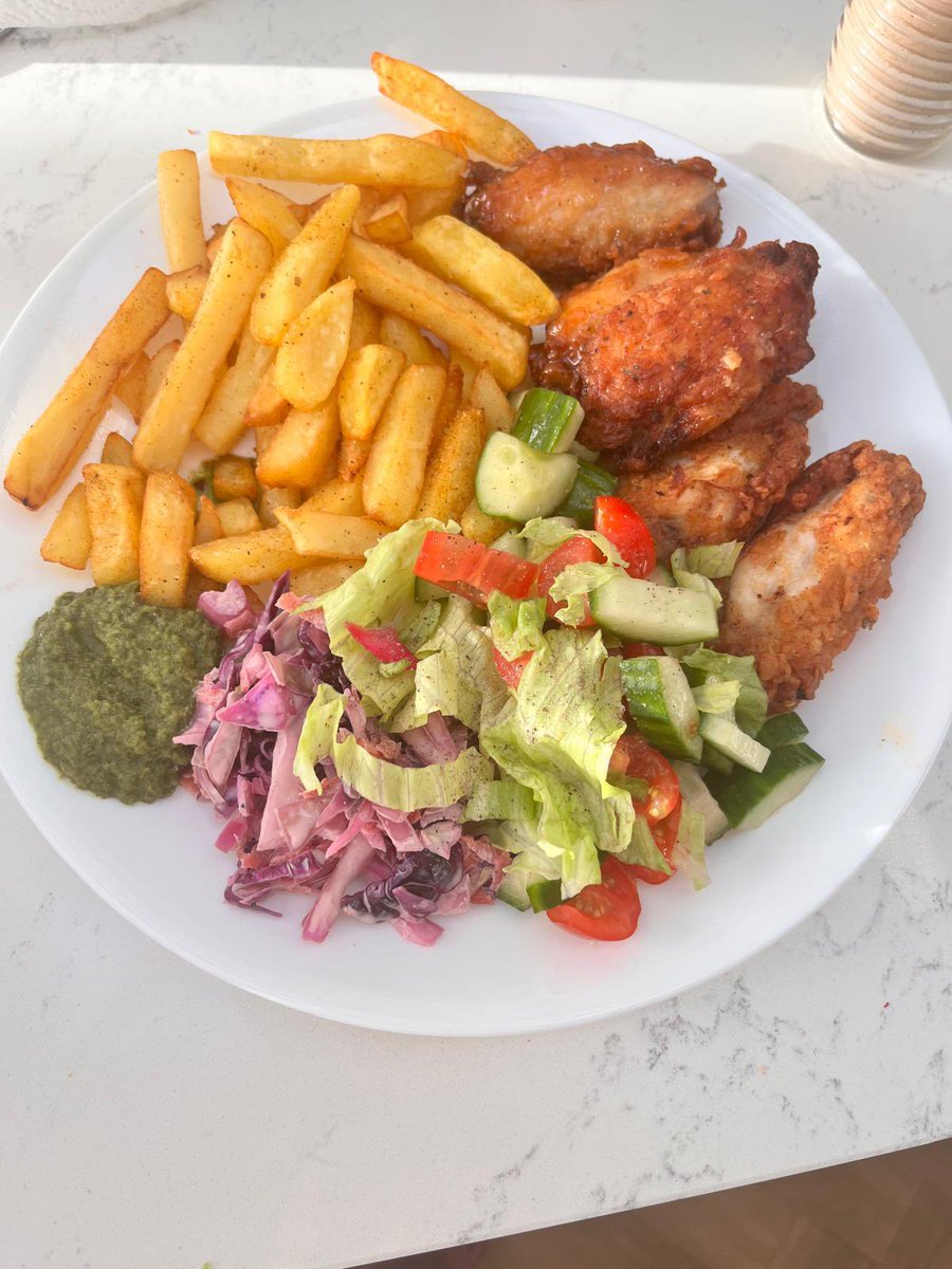 ParamsCooking's tweet image. it all turned out well and i’m glad 🙂‍↕️so i made korean honey wings with a side for fries homemade coleslaw and a salad with mint chutney 🤞🏽