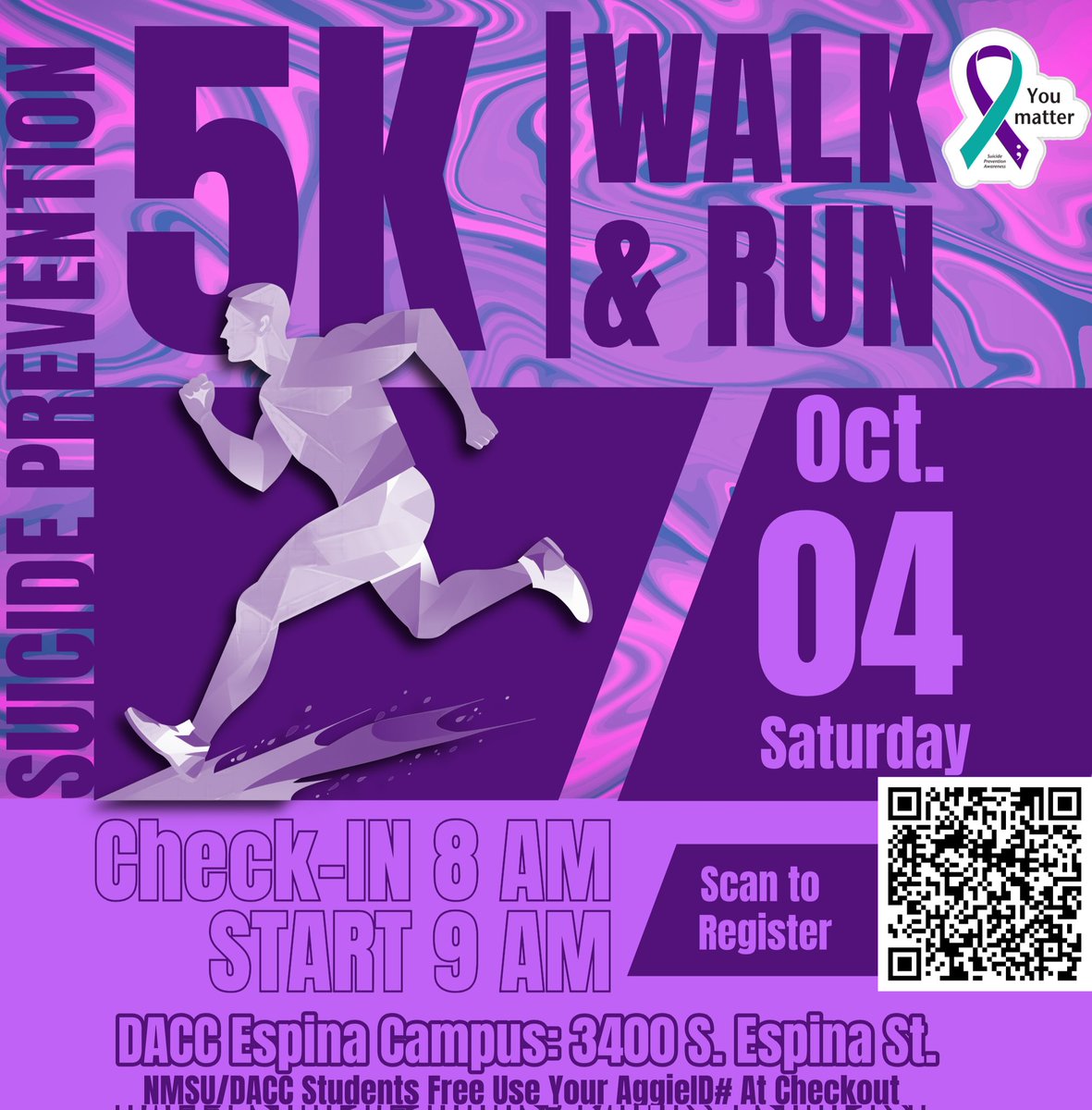 armeddrillcmdr's tweet photo. DACC 2nd Annual Suicide Prevention 5k is happening on Saturday, October 4th.

Check-in @ 8:00 am and the race kicks off @ 9:00 am

All proceeds will benefit the Las Cruces Suicide Prevention Task Force.

Check the flyer for sign up details and come out to run or walk or support! https://t.co/K9SWSNLDGj