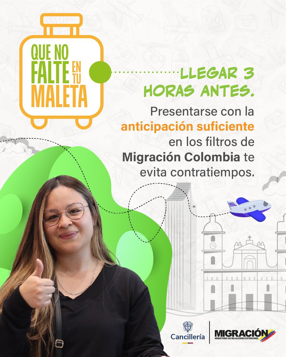 Migración Colombia (@migracioncol) on Twitter photo #QueNoFalteEnTuMaleta | Viajero precavido evita contratiempos. Si viajas a un destino internacional recuerda que debes presentarte en las zonas de <a href="/MigracionCol/">Migración Colombia</a> con 3 horas de anticipación a tu vuelo. #QueNoFalteEnTuMaleta | Viajero precavido evita contratiempos. Si viajas a un destino internacional recuerda que debes presentarte en las zonas de <a href="/MigracionCol/">Migración Colombia</a> con 3 horas de anticipación a tu vuelo.