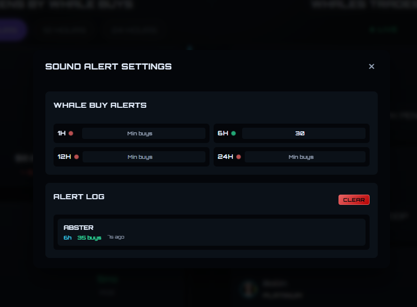 Our Whale Spy webapp just got even better

We’ve rolled out some fresh updates to make tracking whales easier and more powerful than ever

Here’s the update log:

- Enable sound alerts for all timeframes in the Top Tokens by Whale Buys section, and set a minimum buy amount to