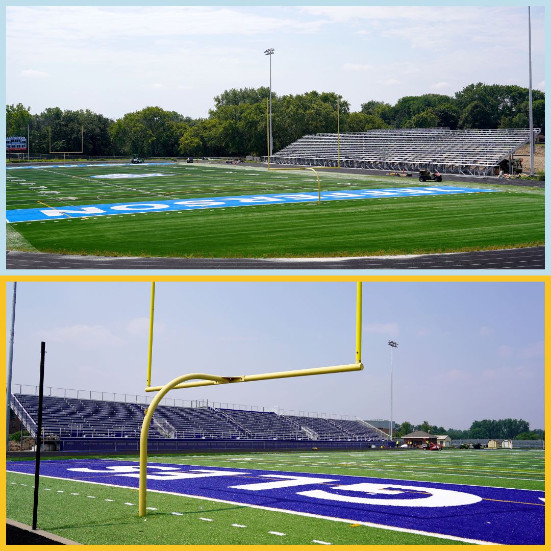 Making progress! The turf is installed and bleachers are up at the new stadiums at Jefferson and Kennedy. We look forward to welcoming our teams, students, families and fans when construction is completed! 🏈 ⚽ 🥍 👟