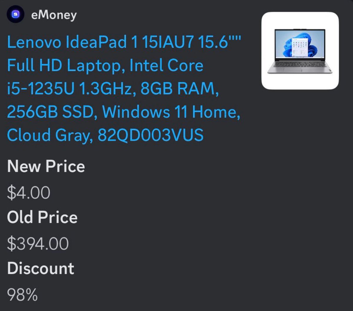 eMoney_HQ's tweet photo. AMAZON JUST MESSED UP! 

$4 LENEVO LAPTOP 🤯

Normally $400 

Members secured hundreds 

LIKE+RT FOR THE LINK 🔗 https://t.co/864tY9KZoc