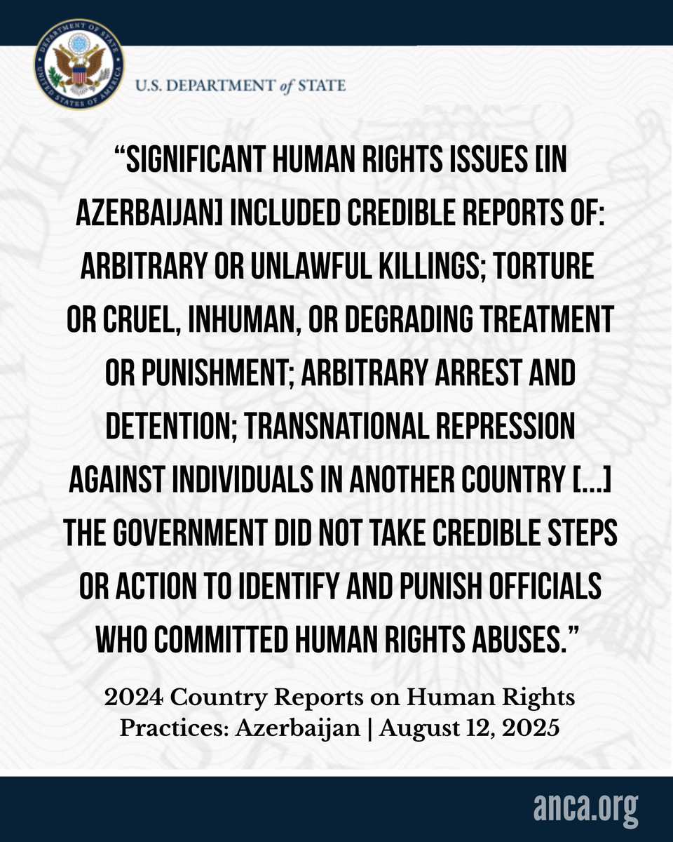 ANCA (@anca_dc) on Twitter photo Following the release of the <a href="/StateDept/">Department of State</a> 2024 Country Report on Human Rights Practices in Azerbaijan, the ANCA is again calling on the U.S. to take immediate action to address the widely documented human rights violations perpetrated by Azerbaijan through the immediate reversal of Following the release of the <a href="/StateDept/">Department of State</a> 2024 Country Report on Human Rights Practices in Azerbaijan, the ANCA is again calling on the U.S. to take immediate action to address the widely documented human rights violations perpetrated by Azerbaijan through the immediate reversal of