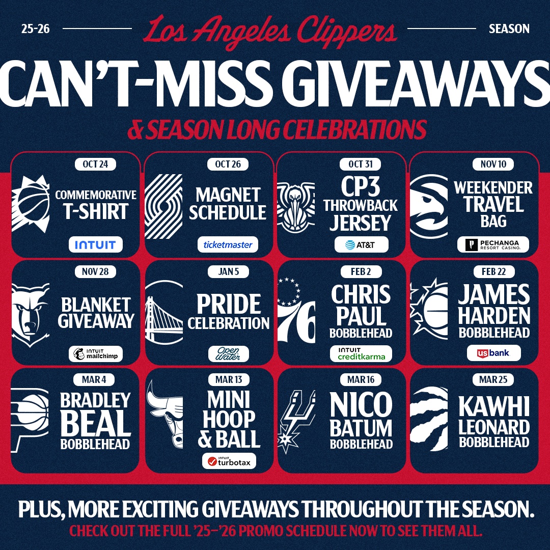 Intuit Dome (@intuitdome) on Twitter photo Bobbleheads, jerseys, giveaways, and theme nights... The <a href="/LAClippers/">LA Clippers</a> '25-26 Promo Schedule 🎉
Get yours at Intuit Dome this season ➡️ on.nba.com/3JbDiEz Bobbleheads, jerseys, giveaways, and theme nights... The <a href="/LAClippers/">LA Clippers</a> '25-26 Promo Schedule 🎉
Get yours at Intuit Dome this season ➡️ on.nba.com/3JbDiEz