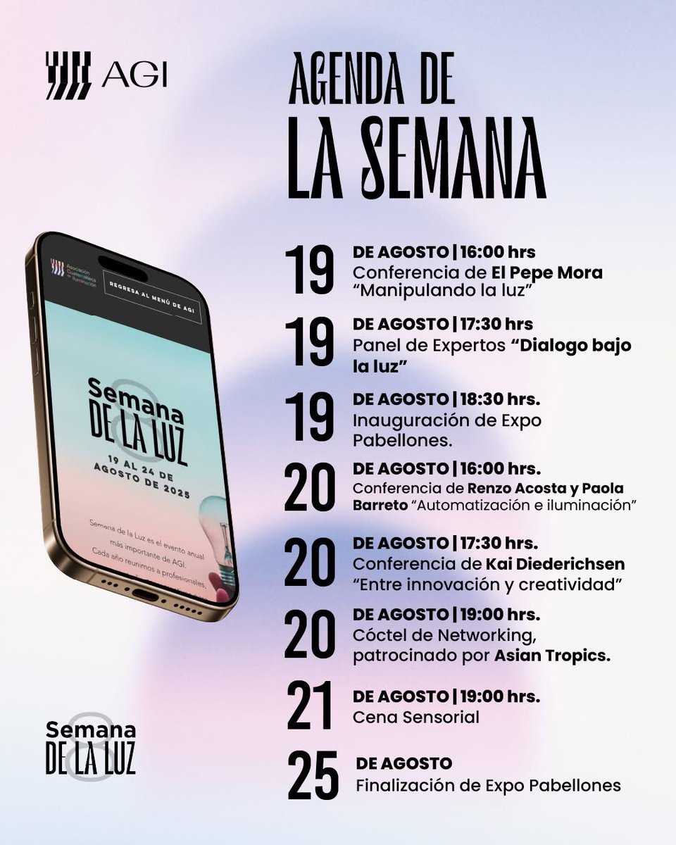 Agenda destacada
19 de agosto: Conferencia inaugural con El Pepe Mora , Panel de Expertos y apertura de Expo Pabellones
 20 de agosto: Conferencias de Renzo Costa y Paola Barreto , además de Kai Diederichsen 
21 de agosto: Cena Sensorial 
 25 de agosto: Clausura de Expo Pabellon