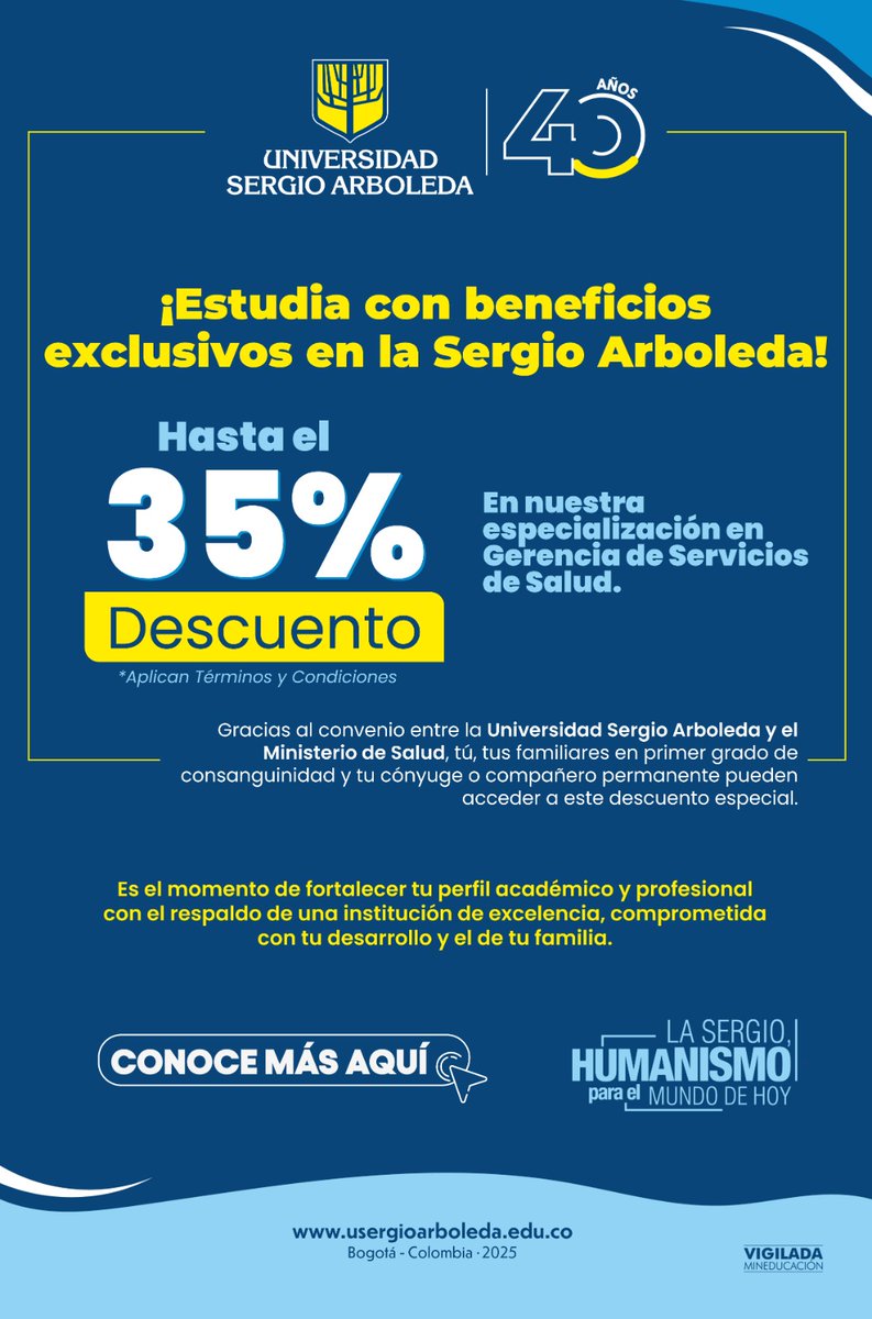 ✔️Especialización en Gerencia de Servicios de la Salud.
✔️Beneficios exclusivos Min. de Salud.
✔️Hasta el 35% descuento.
<a href="/USergioArboleda/">Universidad Sergio Arboleda | #SergistaSiempre</a> <a href="/MinSaludCol/">MinSalud Colombia 🇨🇴</a>