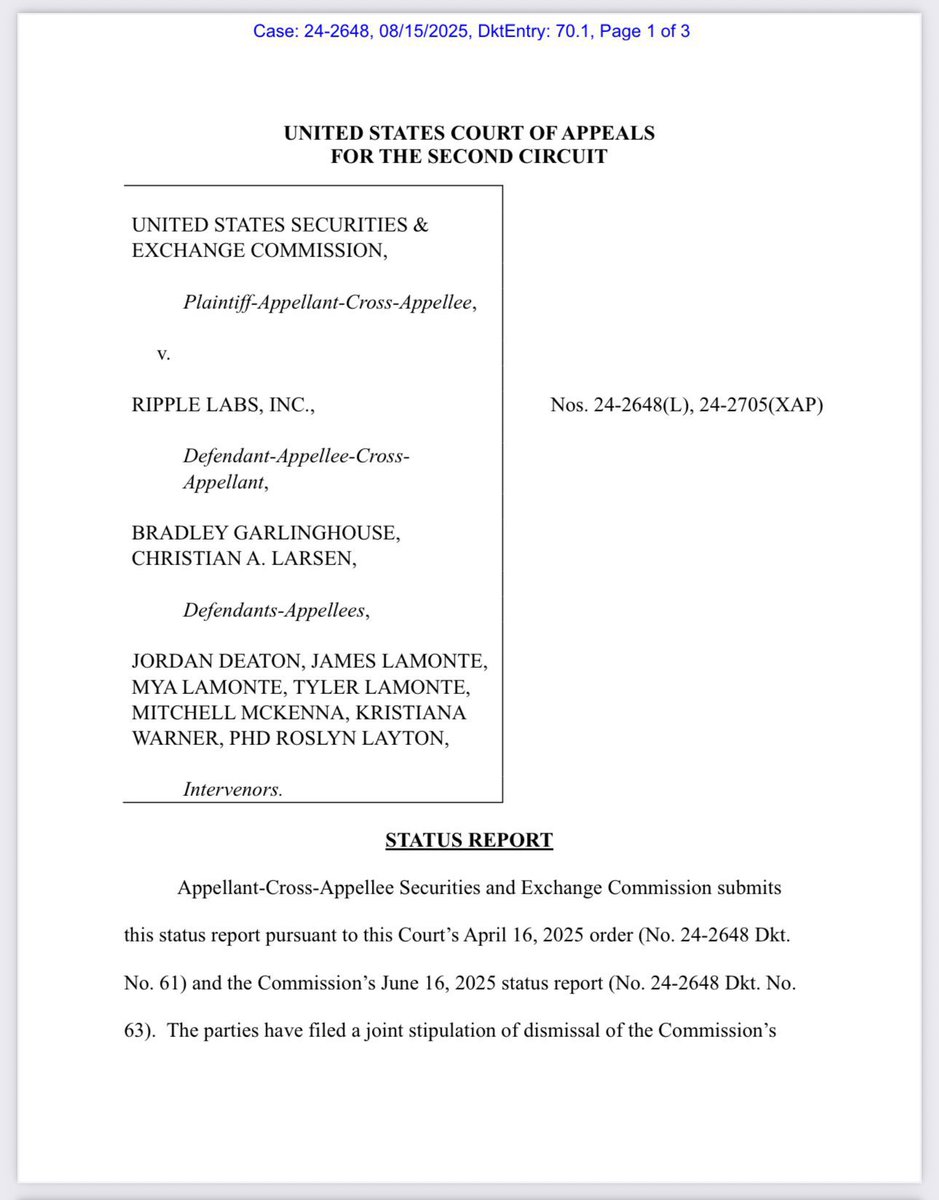 RippleXrpie's tweet photo. 🚨BREAKING: The SEC filed a status report with the Court of Appeals, noting that the parties filed a joint stipulation of dismissal of the appeals, which is still pending and awaiting court approval!

💥PREPARE FOR MAJOR NEWS💥 #XRP https://t.co/iTuLByyDx0