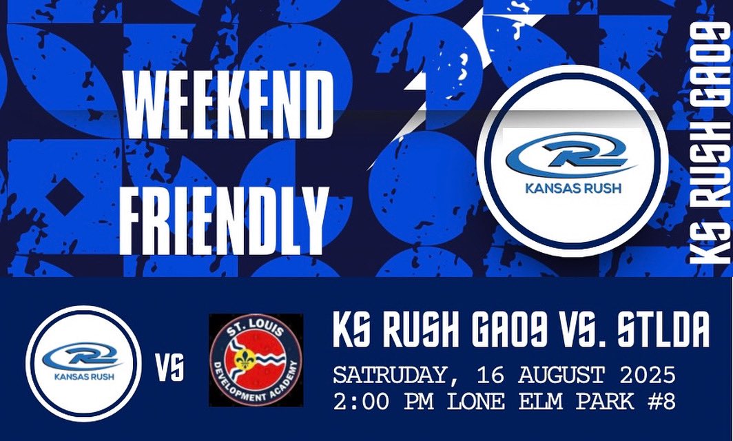 Friendly Update 

Due to expected heat Sunday our Ks Rush GA ladies will only play Saturday vs. STLDA.  

Sunday’s Friendly vs. Mo. Rush has been cancelled.   

<a href="/GAcademyLeague/">Girls Academy</a> <a href="/KSRGirlsAcademy/">Kansas Rush Girls Academy</a> <a href="/KS_RushSoccer/">Kansas Rush Soccer Club</a> <a href="/ImYouthSoccer/">ECNL/GA/Recruiting/College Soccer</a> <a href="/TopDrawerSoccer/">TopDrawerSoccer</a> <a href="/TheSoccerWire/">SoccerWire</a> <a href="/PrepSoccer/">Prep Soccer ⚽️</a>