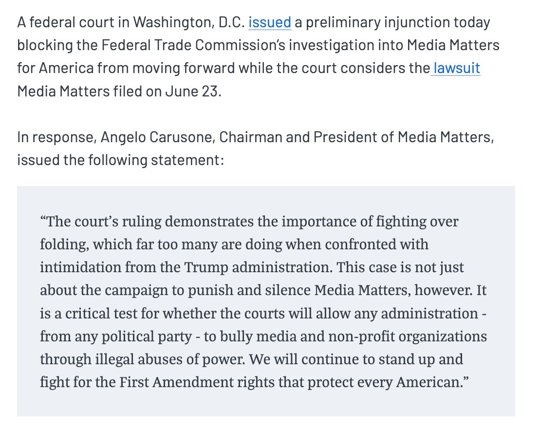 mmfa's tweet photo. In a victory for free speech, @mmfa won a preliminary injunction against the retaliatory FTC investigation.

Below are a statement from @GoAngelo and some key excerpts from the ruling. https://t.co/ttvTYIZVOZ