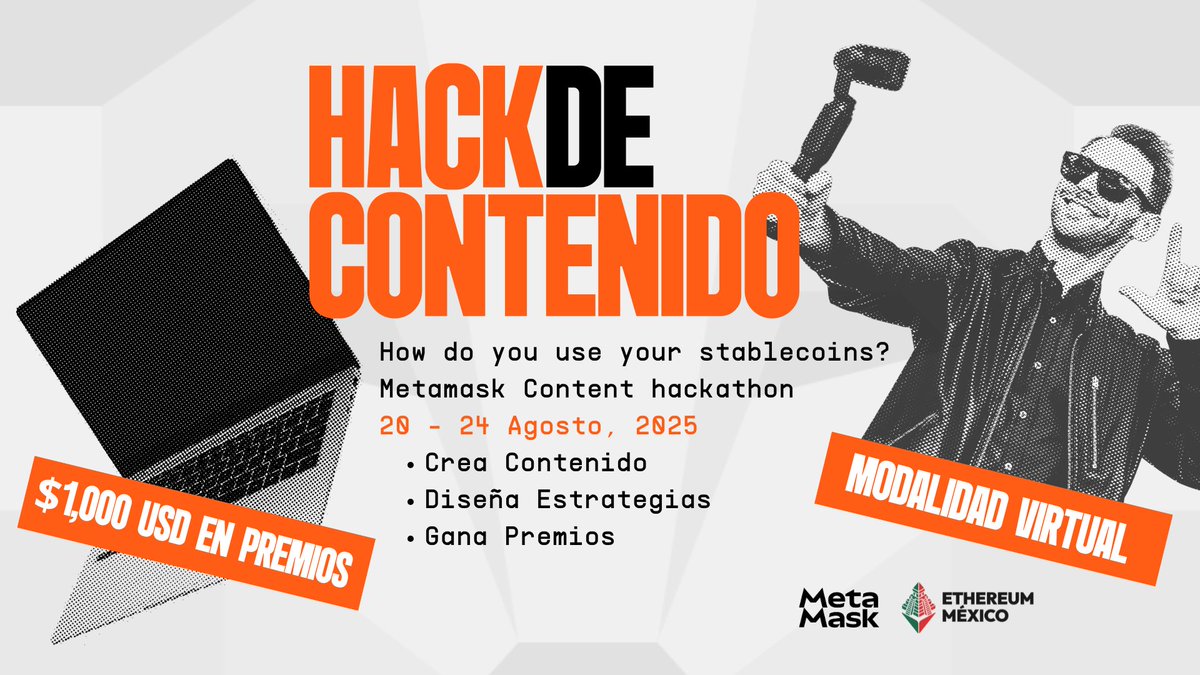 Ethereum Mexico 🇲🇽 (@ethereum_mexico) on Twitter photo ¡México, es tu momento! 🇲🇽 ¿Tienes creatividad para romper el internet?
La <a href="/MetaMask/">MetaMask.eth 🦊</a> Card te reta en el Hack de Contenido. Crea, innova y demuestra cómo las Stablecoins se usan en la vida real. 🦊⚡💵
📅 20–24 de agosto
📍Modalidad virtual
💰 $1,000 USD en premios
🔥 ¡México, es tu momento! 🇲🇽 ¿Tienes creatividad para romper el internet?
La <a href="/MetaMask/">MetaMask.eth 🦊</a> Card te reta en el Hack de Contenido. Crea, innova y demuestra cómo las Stablecoins se usan en la vida real. 🦊⚡💵
📅 20–24 de agosto
📍Modalidad virtual
💰 $1,000 USD en premios
🔥