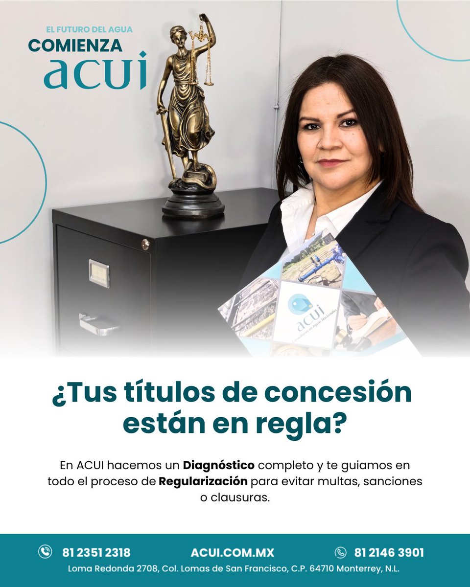 AcuiMx's tweet image. ¿Tus títulos de concesión están actualizados? 🤔

En ACUI nos encargamos de ponerlos al día y evitar que enfrentes multas, sanciones o clausuras. 🙌🏼

Contáctanos y recibe asesoría inmediata. 💬

#ServiciosACUI #MedioAmbiente #CalidadDelAgua #InnovaciónACUI #sostenibilidad