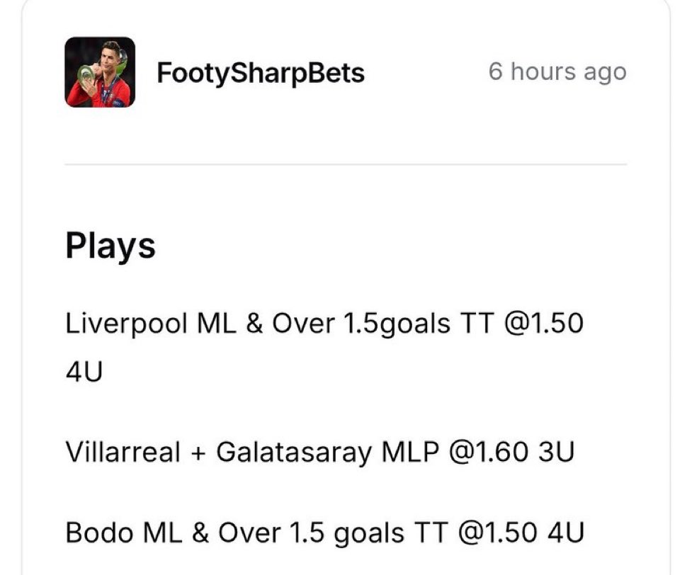 FootySharpBets's tweet photo. ANOTHER SWEEP DAY 🧹

THINGS ARE GETTING EASY 🤑🤑🤑

Liverpool ML &amp; Over 1.5goals @ 1.50 4U✅
Villarreal + Galatasaray MLP @ 1.60 3U✅
Bodo ML &amp; Over 1.5 goals @ 1.50 4U✅

FREE VIP for everyone ⬇️⬇️⬇️⬇️
https://t.co/3CUESVcYqW https://t.co/Ri7FupDyFf