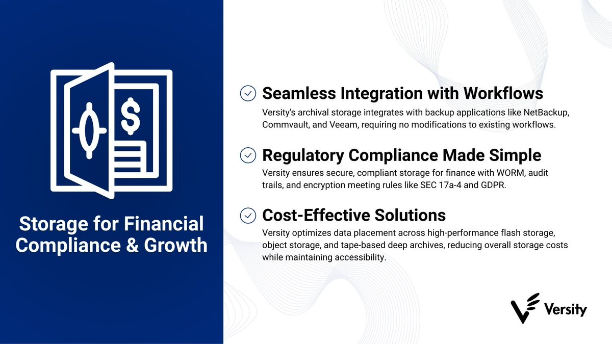 Data growth doesn’t have to mean higher costs. Legacy storage is under pressure. Versity helps financial institutions stay compliant, cut costs, and access archives faster. 
Learn more: versity.com/solutions/fina…
#DataStrategy #FinancialData #Versity