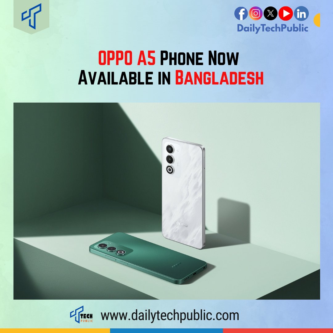 DailyTechPublic's tweet image. For taking photos, the @OPPO A5 has a 50MP main camera that takes clear pictures. It also has a 2MP camera for portrait photos and a 5MP front camera for selfies. The phone has AI features that help users edit their photos easily. tinyurl.com/3r2mevvy #OPPOA5 #TechPublic #OPPO