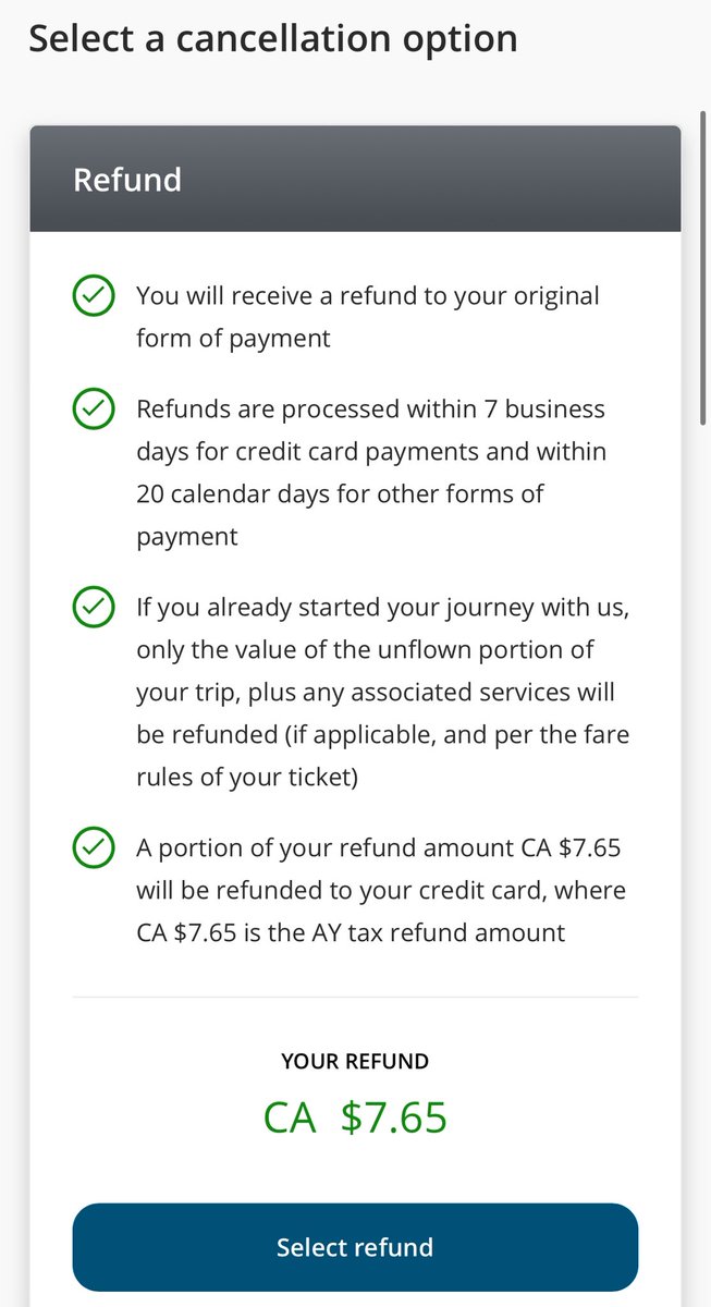 matachepotatoes's tweet photo. @CTVNews To add to this, here is what happens when you try and select the “refund” option. They are only offering me a $7.65 refund vs. $563.22 AC wallet credit — they should be offering $563.22 in refund as per their own stated terms! Of course they are unreachable by phone. @AirCanada https://t.co/vO8zismJZ7