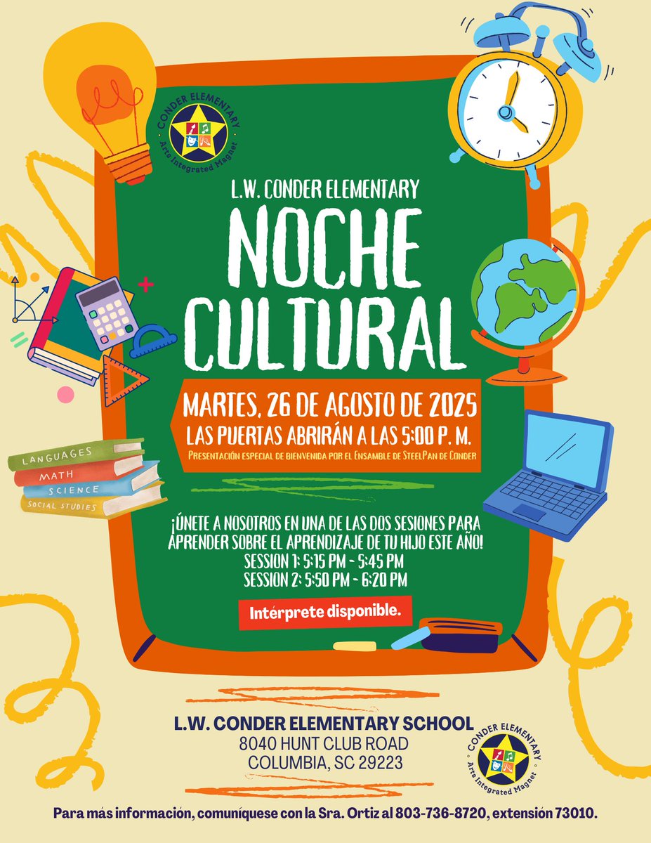 🎉 Conder Culture Night – Tues, Aug 26! 🎶
✅ Explore curriculum
✅ Learn routines &amp; expectations
✅ Connect with teachers &amp; families
Special welcome performance by Conder’s SteelPan Band Ensemble!
📍 Conder Elementary | Doors open 5 PM
#ConderCultureNight #ConderPride