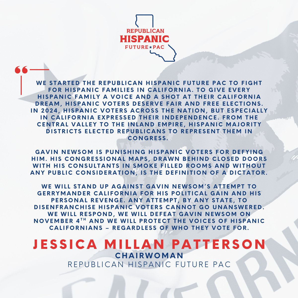 HispanicFuture's tweet photo. Chairwoman Jessica Millan Patterson's response to Gavin Newsom's gerrymandered Congressional map. https://t.co/LINuslOHmu