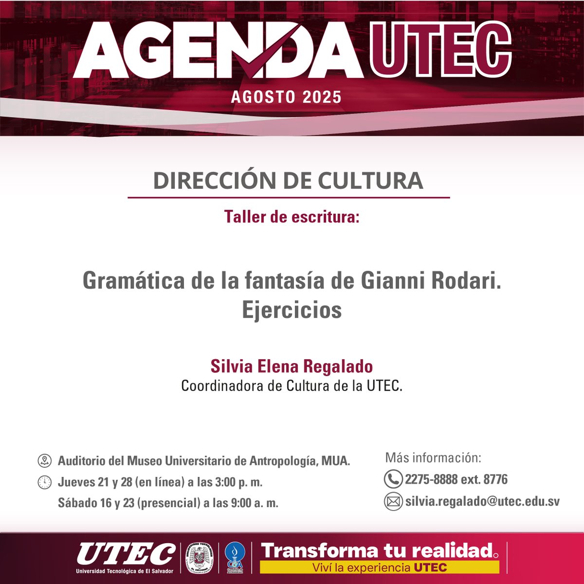 Participa en este taller de escritura, en el cual podrás echar a andar tu imaginación para plasmar tus ideas en textos literarios. 
¡No te lo pierdas!