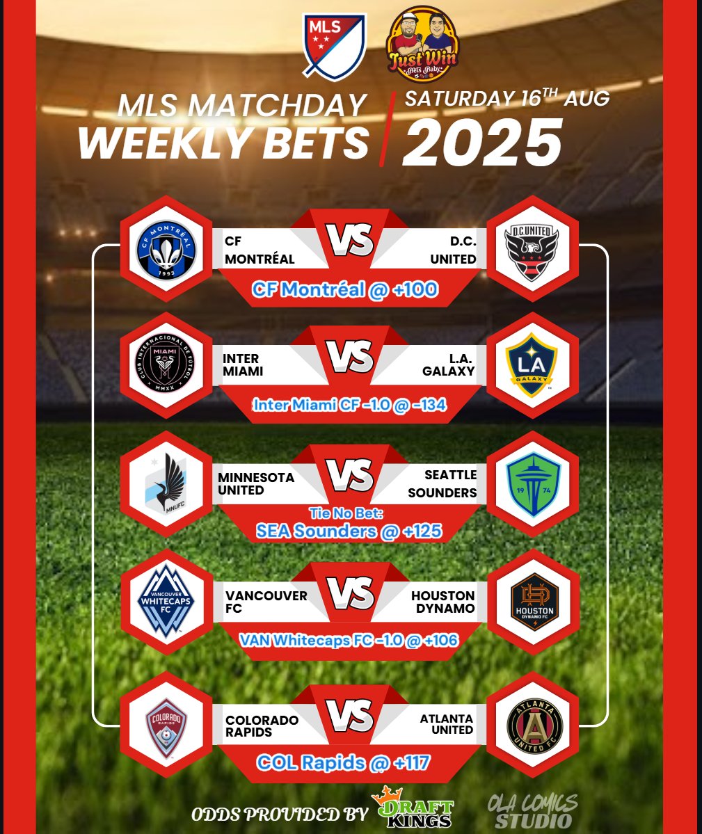 JustWinBetsBaby's tweet photo. MLS WEEKLY BETS for (8.16.25) from our Soccer Handicapper @JoeDaFan.

We appreciate the follow.  Good luck to all and let's cash those tickets.

#JustWInBetsBaby #MLS #MLSPicks #FootballTips https://t.co/lHCU7IzO3b